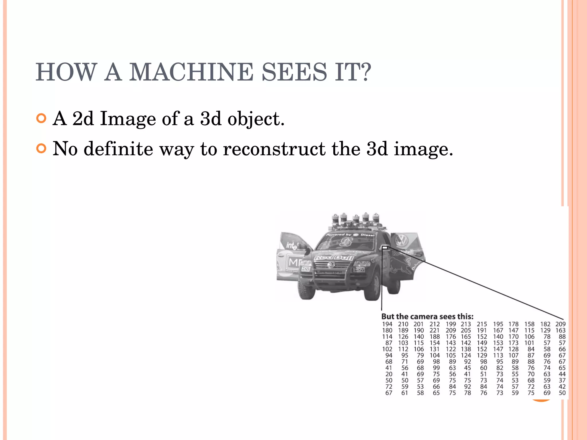 HOW A MACHINE SEES IT? A 2d Image of a 3d object. No definite way to reconstruct the 3d image. 