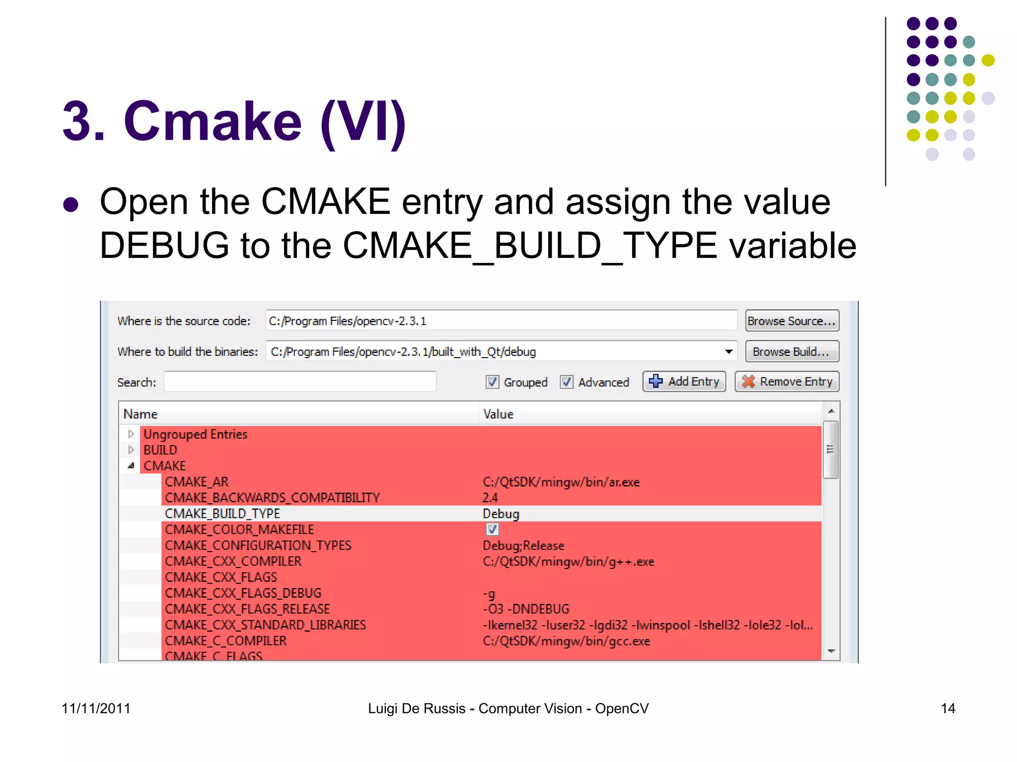 3. Cmake (VI)  Open the CMAKE entry and assign the value DEBUG to the CMAKE_BUILD_TYPE variable 11/11/2011 Luigi De Russis - Computer Vision - OpenCV 14 