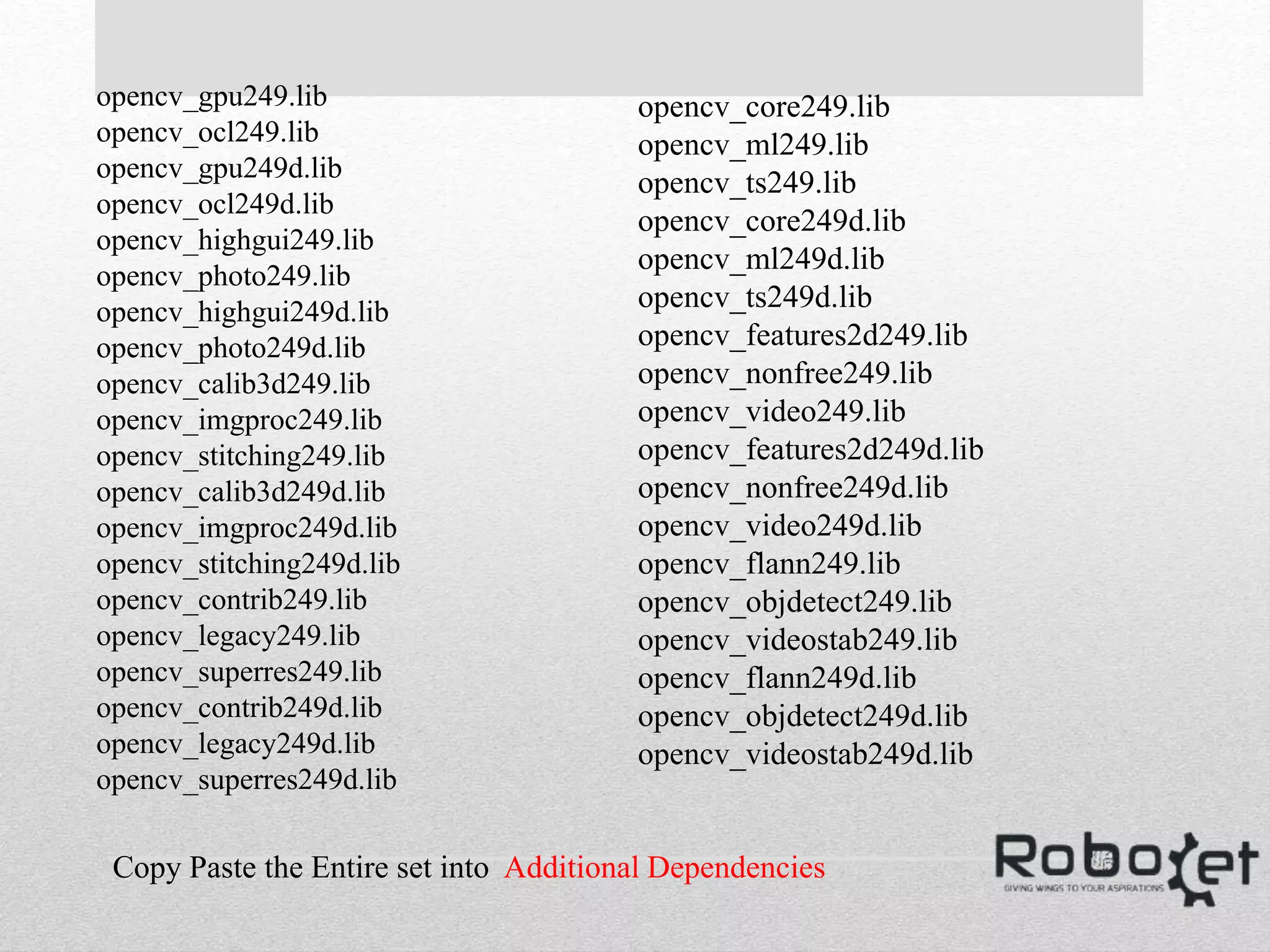 opencv_gpu249.lib
opencv_ocl249.lib
opencv_gpu249d.lib
opencv_ocl249d.lib
opencv_highgui249.lib
opencv_photo249.lib
opencv_highgui249d.lib
opencv_photo249d.lib
opencv_calib3d249.lib
opencv_imgproc249.lib
opencv_stitching249.lib
opencv_calib3d249d.lib
opencv_imgproc249d.lib
opencv_stitching249d.lib
opencv_contrib249.lib
opencv_legacy249.lib
opencv_superres249.lib
opencv_contrib249d.lib
opencv_legacy249d.lib
opencv_superres249d.lib
opencv_core249.lib
opencv_ml249.lib
opencv_ts249.lib
opencv_core249d.lib
opencv_ml249d.lib
opencv_ts249d.lib
opencv_features2d249.lib
opencv_nonfree249.lib
opencv_video249.lib
opencv_features2d249d.lib
opencv_nonfree249d.lib
opencv_video249d.lib
opencv_flann249.lib
opencv_objdetect249.lib
opencv_videostab249.lib
opencv_flann249d.lib
opencv_objdetect249d.lib
opencv_videostab249d.lib
Copy Paste the Entire set into Additional Dependencies
 