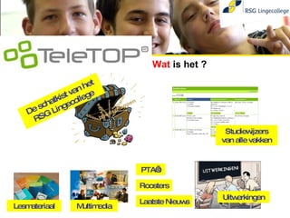 Organisatie Wat  is het ? Lesmateriaal Studiewijzers van alle vakken Multimedia PTA’s Roosters Laatste Nieuws Uitwerkingen De schatkist van het RSG Lingecollege 