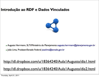 http://dl.dropbox.com/u/18364240/Aula1Augusto/dia1.html
   http://dl.dropbox.com/u/18364240/Aula1Augusto/dia2.html
Thursday, April 21, 2011
 