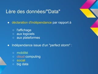 Lère des données/"Data"

● déclaration d'indépendance par rapport à

   ○ l'affichage
   ○ aux logiciels
   ○ aux plateformes

● Indépendance issue d'un "perfect storm" :

   ○   mobilité
   ○   cloud computing
   ○   social
   ○   big data
 