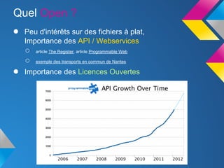Quel Open ?
●   Peu d'intérêts sur des fichiers à plat,
    Importance des API / Webservices
    ○   article The Register, article Programmable Web

    ○   exemple des transports en commun de Nantes

●   Importance des Licences Ouvertes
 