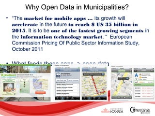 Why Open Data in Municipalities?
• “The market for mobile apps … its growth will
  accelerate in the future to reach $ US 35 billion in
  2015. It is to be one of the fastest growing segments in
  the information technology market. “ European
  Commission Pricing Of Public Sector Information Study,
  October 2011

• What feeds these apps -> open data
 