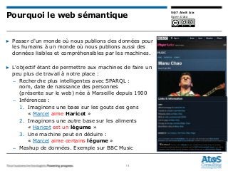 18
5@7 AtoS Aix
Open Data
▶ Passer d'un monde où nous publions des données pour
les humains à un monde où nous publions aussi des
données lisibles et compréhensibles par les machines.
▶ L'objectif étant de permettre aux machines de faire un
peu plus de travail à notre place :
– Recherche plus intelligentes avec SPARQL :
nom, date de naissance des personnes
(présente sur le web) née à Marseille depuis 1900
– Inférences :
1. Imaginons une base sur les gouts des gens
« Marcel aime Haricot »
2. Imaginons une autre base sur les aliments
« Haricot est un légume »
3. Une machine peut en déduire :
« Marcel aime certains légume »
– Mashup de données. Exemple sur BBC Music
Pourquoi le web sémantique
 