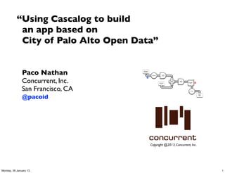 “Using Cascalog to build
            an app based on
            City of Palo Alto Open Data”


               Paco Nathan           Document
                                     Collection




                                                   Tokenize
                                                                   Scrub
                                                                   token




               Concurrent, Inc.
                                             M



                                                                           HashJoin   Regex
                                                                             Left     token
                                                                                              GroupBy    R
                                                              Stop Word                        token
                                                                 List
                                                                             RHS




               San Francisco, CA                                                                 Count




               @pacoid
                                                                                                             Word
                                                                                                             Count




                                                  Copyright @2013, Concurrent, Inc.




Monday, 28 January 13                                                                                                1
 