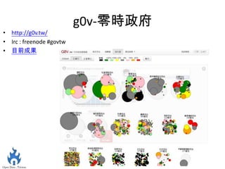 g0v-零時政府
• http://g0v.tw/
• Irc : freenode #govtw
• 目前成果
 