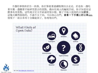 手邊的事情終於告一段落，你打算趁著連續假期出去走走，於是你一邊吃
著早餐一邊翻著平板研究想去的景點。藉由在地人的編寫介紹，你才知道有這
麼多私房景點，這些地方官方介紹通常很少提。瞄了平板上寫到的天氣狀況，
這幾天雖然陰陰的，不過不大下雨，可以放心出門。查看一下手機上的公車app，
發現下一班公車再十分鐘就到了，你匆匆出門。




  圖片來源: 開放知識基金會 – 開放資料介紹
 