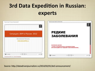 3rd	
  Data	
  Expedi&on	
  in	
  Russian:	
  
experts	
  
Source:	
  h*p://datadrivenjournalism.ru/2014/02/01/de3-­‐announcement/
 
