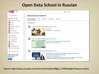Open	
  Data	
  School	
  in	
  Russian	
  
Source:	
  h*p://www.youtube.com/channel/UCoXLSw3fBga_V7Df9zDbqBw?feature=watch
 