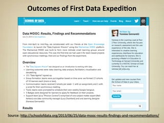 Outcomes	
  of	
  First	
  Data	
  Expedi&on
Source:	
  h*p://schoolofdata.org/2013/06/25/data-­‐mooc-­‐results-­‐ﬁndings-­‐and-­‐recommendaBons/
 