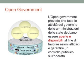 Open Government
L'Open government
prevede che tutte le
attività dei governi e
delle amministrazioni
dello stato debbano
essere aperte e
disponibili, al fine di
favorire azioni efficaci
e garantire un
controllo pubblico
sull’operato
 