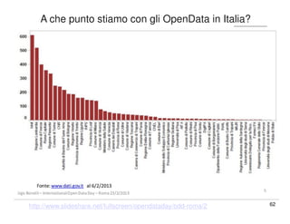 62 
A che punto stiamo con gli OpenData in Italia? 
http://www.slideshare.net/fullscreen/opendataday/odd-roma/2 
 