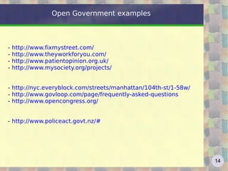 Open Government examples



-   http://www.fixmystreet.com/
-   http://www.theyworkforyou.com/
-   http://www.patientopinion.org.uk/
-   http://www.mysociety.org/projects/


- http://nyc.everyblock.com/streets/manhattan/104th-st/1-58w/
- http://www.govloop.com/page/frequently-asked-questions
- http://www.opencongress.org/


- http://www.policeact.govt.nz/#




                                                                14
 