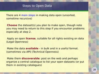 Steps to Open Data


There are 4 main steps in making data open (unsorted,
sometime recursive)

Choose the dataset(s) you plan to make open, though note
you may need to return to this step if you encounter problems
especially at step 2.

 Apply an open license, suitable for all rights existing on data
(Legal Openness)

 Make the data available - in bulk and in a useful format.
(sometimes via API) (Technical Openness)

 Make them discoverable: post on the web and perhaps
organize a central catalogue to list your open datasets (or put
them in existing catalogues)
                                                                   28
 