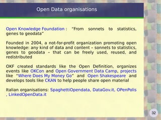 Open Data organisations


Open Knowledge Foundation :     “From   sonnets   to   statistics,
genes to geodata”

Founded in 2004, a not-for-profit organization promoting open
knowledge: any kind of data and content – sonnets to statistics,
genes to geodata – that can be freely used, reused, and
redistributed

OKF created standards like the Open Definition, organizes
events like OKCon and Open Government Data Camp, projects
like “Where Does My Money Go” and Open Shakespeare and
develops tools like CKAN to help people share open material

Italian organisations: SpaghettiOpendata, DataGov.it, OPenPolis
, LinkedOpenData.it



                                                                     32
 