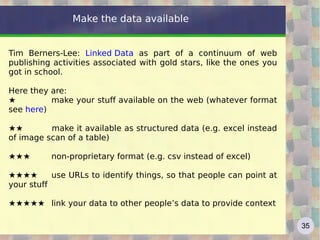 Make the data available


Tim Berners-Lee: Linked Data as part of a continuum of web
publishing activities associated with gold stars, like the ones you
got in school.

Here they are:
★         make your stuff available on the web (whatever format
see here)

★★        make it available as structured data (e.g. excel instead
of image scan of a table)

★★★       non-proprietary format (e.g. csv instead of excel)

★★★★       use URLs to identify things, so that people can point at
your stuff

★★★★★ link your data to other people’s data to provide context

                                                                      35
 