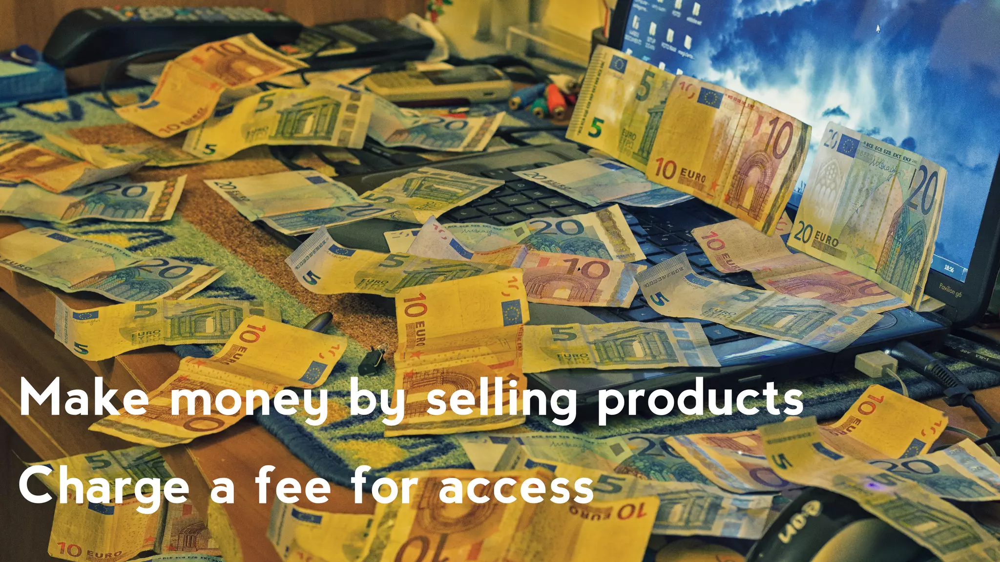 Make money by selling products
Charge a fee for access
 