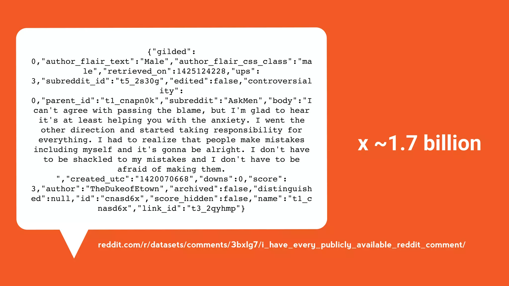 {"gilded":
0,"author_flair_text":"Male","author_flair_css_class":"ma
le","retrieved_on":1425124228,"ups":
3,"subreddit_id":"t5_2s30g","edited":false,"controversial
ity":
0,"parent_id":"t1_cnapn0k","subreddit":"AskMen","body":"I
can't agree with passing the blame, but I'm glad to hear
it's at least helping you with the anxiety. I went the
other direction and started taking responsibility for
everything. I had to realize that people make mistakes
including myself and it's gonna be alright. I don't have
to be shackled to my mistakes and I don't have to be
afraid of making them.
","created_utc":"1420070668","downs":0,"score":
3,"author":"TheDukeofEtown","archived":false,"distinguish
ed":null,"id":"cnasd6x","score_hidden":false,"name":"t1_c
nasd6x","link_id":"t3_2qyhmp"}
x ~1.7 billion
reddit.com/r/datasets/comments/3bxlg7/i_have_every_publicly_available_reddit_comment/
 