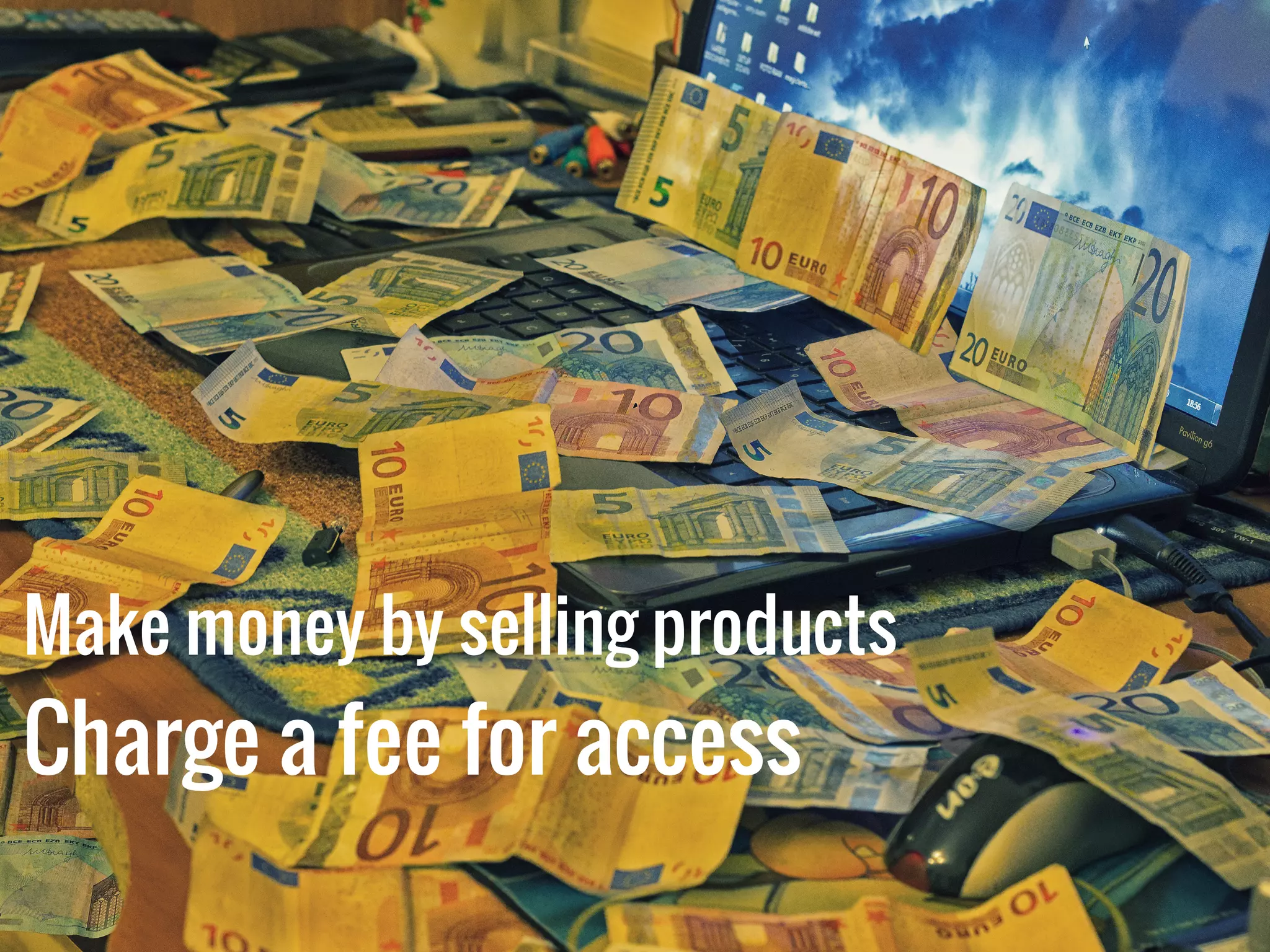 Make money by selling products
Charge a fee for access
 