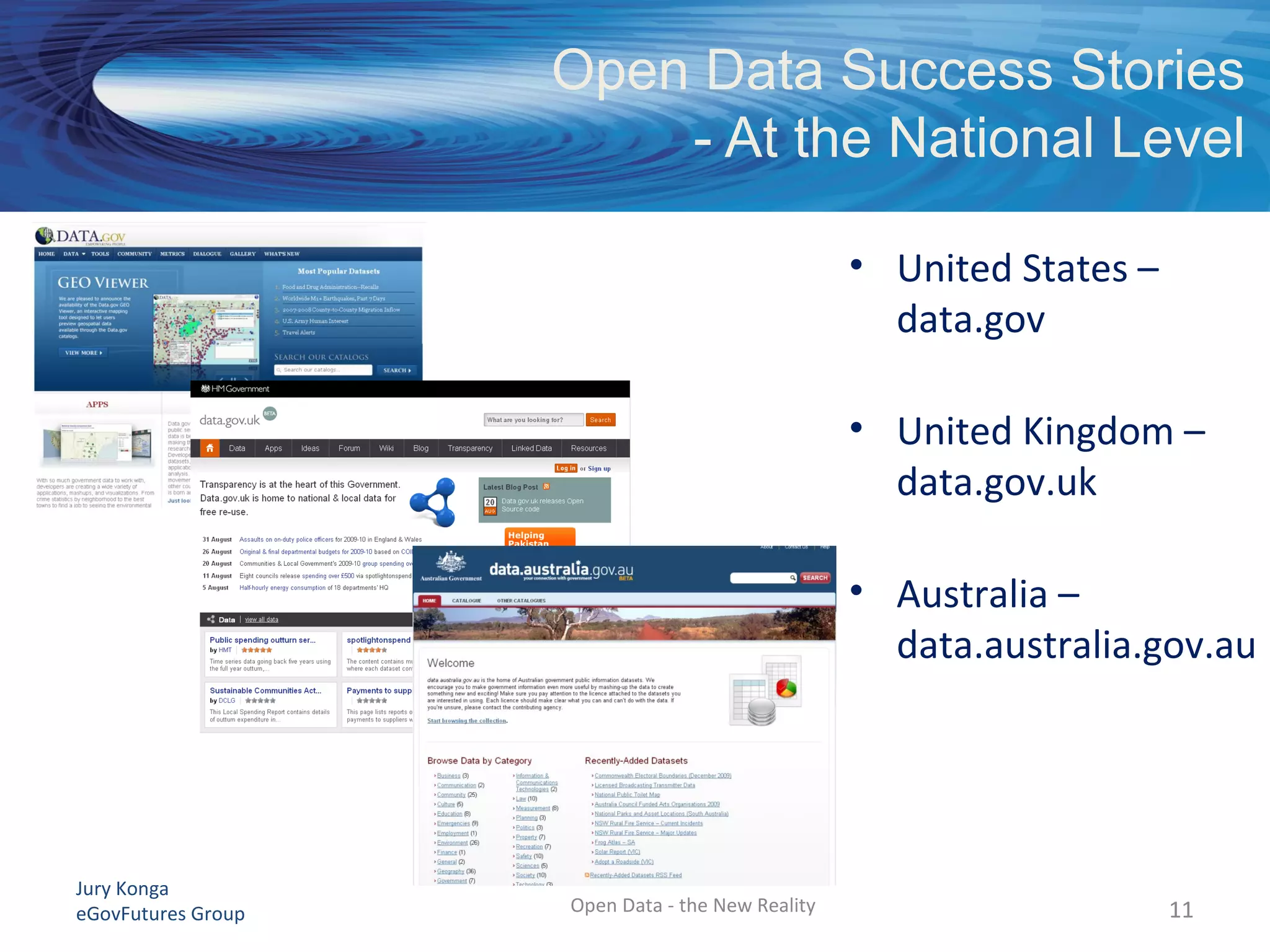 Jury Konga
eGovFutures Group Open Data - the New Reality
Open Data Success Stories
- At the National Level
11
• United States –
data.gov
• United Kingdom –
data.gov.uk
• Australia –
data.australia.gov.au
11
 
