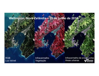 Wellington, Nova Zelândia – 29 de junho de 2015
RGB
Luz visível
Infravermelho
Vegetação
Infravermelho de ondas curtas
Áreas urbanas
 