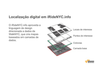 Localização digital em iRideNYC.info
O iRideNYC.info aproveita a
linguagem de design
direcionada a dados da
WalkNYC, que cria mapas
baseados em camadas de
dados.
 