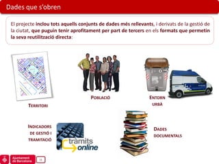 Dades que s’obren

 El projecte inclou tots aquells conjunts de dades més rellevants, i derivats de la gestió de
 la ciutat, que puguin tenir aprofitament per part de tercers en els formats que permetin
 la seva reutilització directa:




                                     POBLACIÓ                    ENTORN
         TERRITORI                                                URBÀ




        INDICADORS                                                 DADES
         DE GESTIÓ I
                                                                   DOCUMENTALS
         TRAMITACIÓ



              11
 