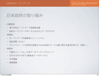 日本のオープンデータ

日本政府の取り組み
•

内閣官房
•
•

•

電子行政オープンデータ実務者会議
政府オープンデータポータルの立ち上げ（そろそろ）

総務省
•
•

実証実験（H24-）

•
•

オープンデータ流通推進コンソーシアム

ガイドライン（二次利用の促進のための府省のデータ公開に関する基本的考え方（仮称））

経産省
•

IT融合フォーラム／公共データワーキンググループ

•

OPEN DATA METI (経産省データポータル）

•

文字基盤

•

語彙基盤

13年12月13日金曜日

23

 