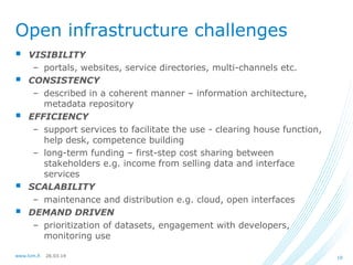 26.03.14www.lvm.fi 10
Open infrastructure challenges
 VISIBILITY
– portals, websites, service directories, multi-channels etc.
 CONSISTENCY
– described in a coherent manner – information architecture,
metadata repository
 EFFICIENCY
– support services to facilitate the use - clearing house function,
help desk, competence building
– long-term funding – first-step cost sharing between
stakeholders e.g. income from selling data and interface
services
 SCALABILITY
– maintenance and distribution e.g. cloud, open interfaces
 DEMAND DRIVEN
– prioritization of datasets, engagement with developers,
monitoring use
 