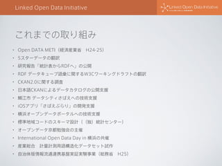 これまでの取り組み
Linked Open Data Initiative
• Open DATA METI（経済産業省 H24-25）
• 5スターデータの翻訳
• 研究報告「統計表からRDFへ」の公開
• RDF データキューブ語彙に関するW3Cワーキングドラフトの翻訳
• CKAN2.0に関する調査
• 日本語CKANによるデータカタログの公開支援
• 鯖江市 データシティさばえへの技術支援
• iOSアプリ「さばえぶらり」の開発支援
• 横浜オープンデータポータルへの技術支援
• 標準地域コードのスキーマ設計（（独）統計センター）
• オープンデータ京都勉強会の主催
• International Open Data Day in 横浜の共催
• 産業総合 計量計測用語構造化データセット試作
• 自治体版情報流通連携基盤実証実験事業（総務省 H25）
 