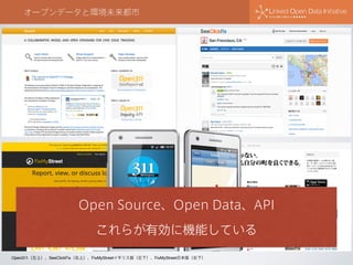 オープンデータと環境未来都市
Open311（左上）、SeeClickFix（右上）、FixMyStreetイギリス版（左下）、FixMyStreet日本版（右下）
Open Source、Open Data、API
これらが有効に機能している
 