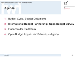 FS 2014
Open Data > 04: Open Finance Data und Applikationen
16
Agenda
1. Budget Cycle, Budget Documents
2. International Budget Partnership, Open Budget Survey
3. Finanzen der Stadt Bern
4. Open Budget Apps in der Schweiz und global
 