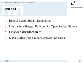FS 2014
Open Data > 04: Open Finance Data und Applikationen
29
Agenda
1. Budget Cycle, Budget Documents
2. International Budget Partnership, Open Budget Survey
3. Finanzen der Stadt Bern
4. Open Budget Apps in der Schweiz und global
 