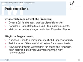 FS 2014
Open Data > 04: Open Finance Data und Applikationen
38
Problemstellung
Unübersichtliche öffentliche Finanzen:
> Grosse Zahlenmengen, wenige Visualisierungen
> Komplexe Budgetstrukturen und Planungsinstrumente
> Mehrfache Umverteilungen zwischen föderalen Ebenen
Mögliche Folgen davon:
> Nur noch Experten verstehen öffentlich Finanzen wirklich
> PolitikerInnen fällen medial attraktive Bauchentscheide
> Bevölkerung wenig Verständnis für öffentliche Finanzen,
kann Notwendigkeit von Sparmassnahmen nicht
nachvollziehen
 
