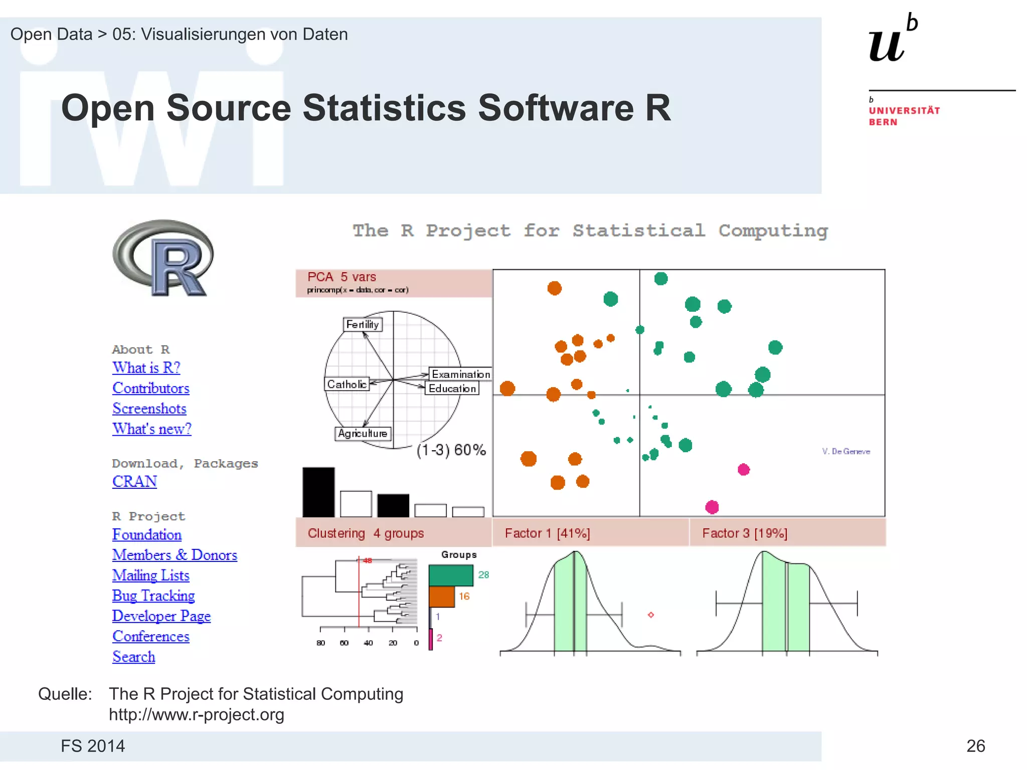 FS 2014
Open Data > 05: Visualisierungen von Daten
26
Open Source Statistics Software R
Quelle: The R Project for Statistical Computing
http://www.r-project.org
 