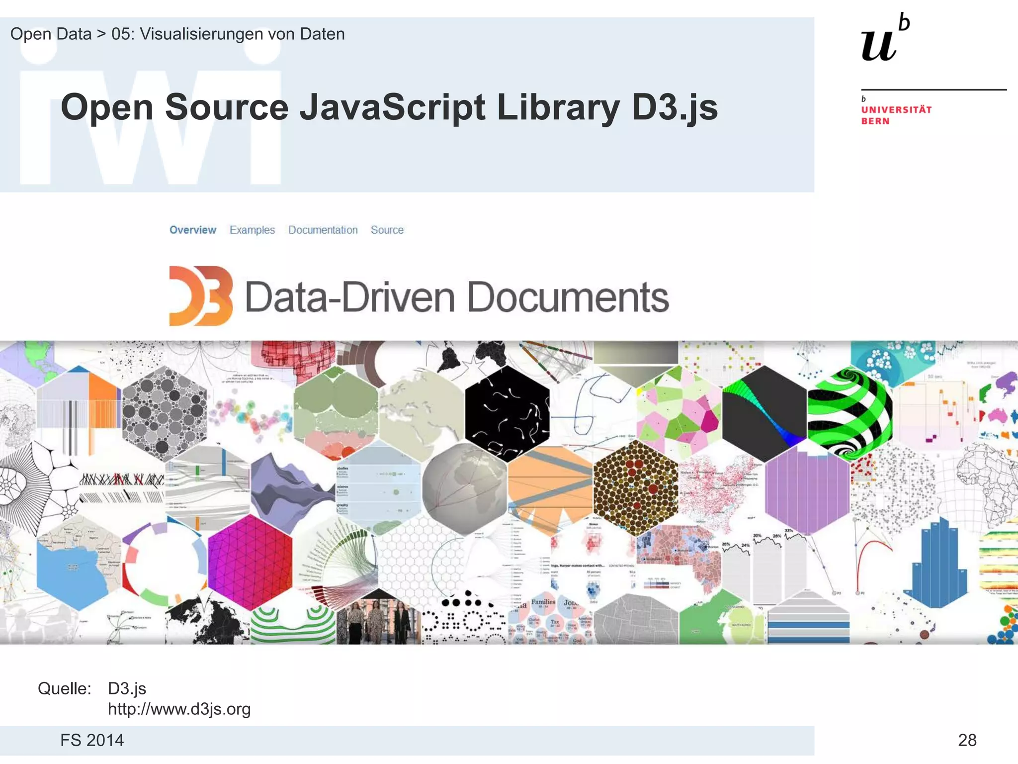 FS 2014
Open Data > 05: Visualisierungen von Daten
28
Open Source JavaScript Library D3.js
Quelle: D3.js
http://www.d3js.org
 