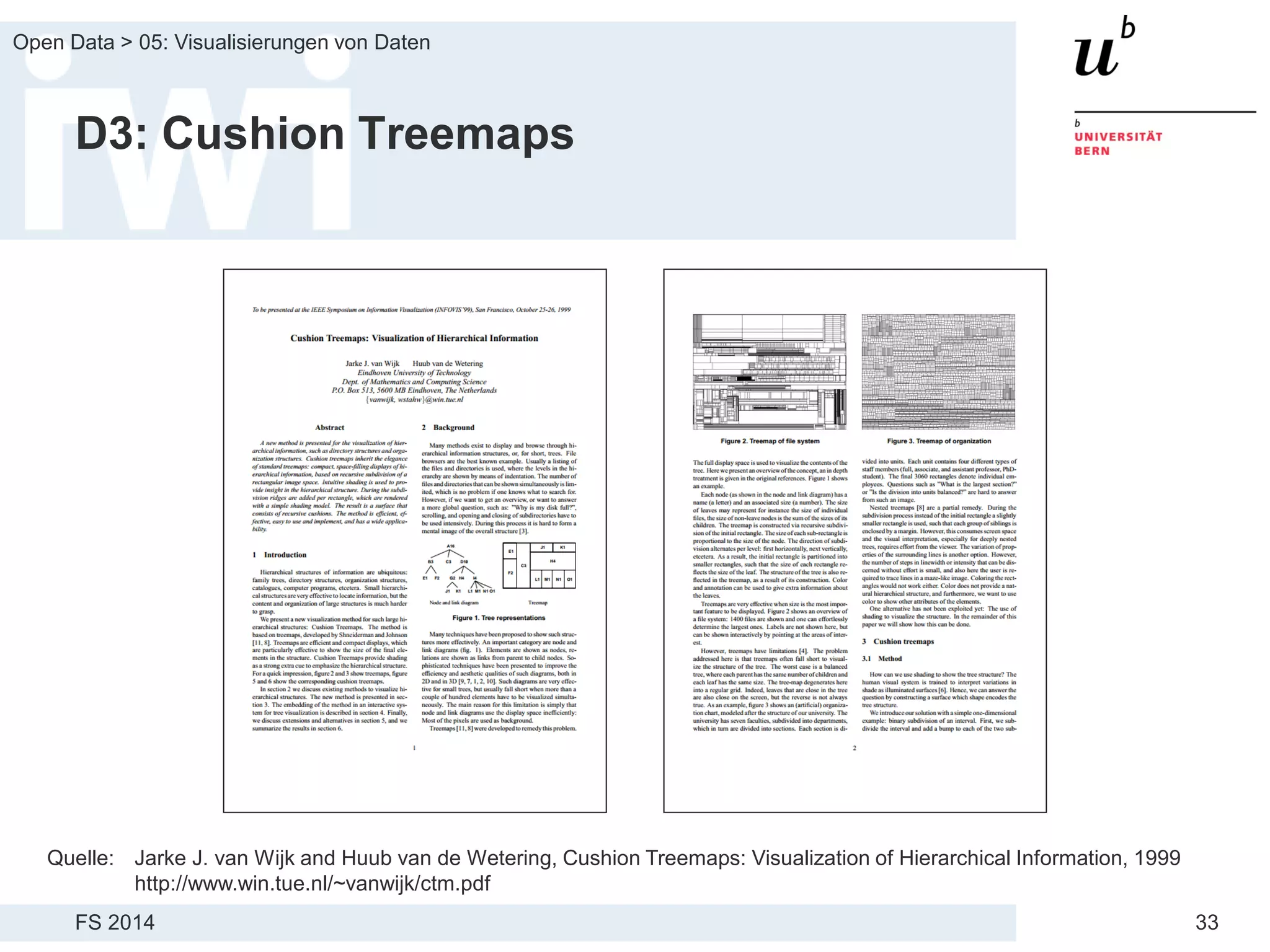 FS 2014
Open Data > 05: Visualisierungen von Daten
33
D3: Cushion Treemaps
Quelle: Jarke J. van Wijk and Huub van de Wetering, Cushion Treemaps: Visualization of Hierarchical Information, 1999
http://www.win.tue.nl/~vanwijk/ctm.pdf
 