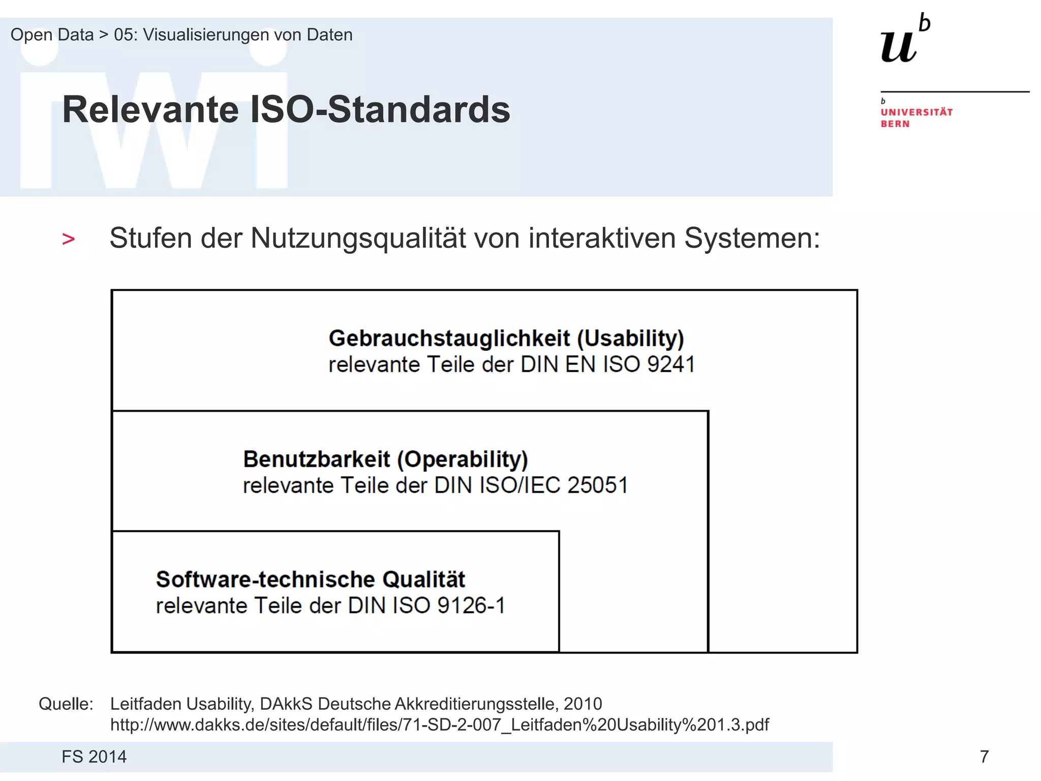 FS 2014
Open Data > 05: Visualisierungen von Daten
7
Relevante ISO-Standards
> Stufen der Nutzungsqualität von interaktiven Systemen:
Quelle: Leitfaden Usability, DAkkS Deutsche Akkreditierungsstelle, 2010
http://www.dakks.de/sites/default/files/71-SD-2-007_Leitfaden%20Usability%201.3.pdf
 