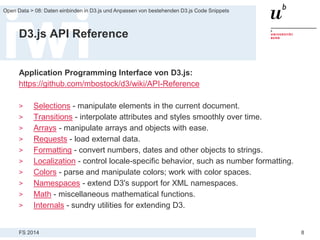 FS 2014
Open Data > 08: Daten einbinden in D3.js und Anpassen von bestehenden D3.js Code Snippets
8
D3.js API Reference
Application Programming Interface von D3.js:
https://github.com/mbostock/d3/wiki/API-Reference
> Selections - manipulate elements in the current document.
> Transitions - interpolate attributes and styles smoothly over time.
> Arrays - manipulate arrays and objects with ease.
> Requests - load external data.
> Formatting - convert numbers, dates and other objects to strings.
> Localization - control locale-specific behavior, such as number formatting.
> Colors - parse and manipulate colors; work with color spaces.
> Namespaces - extend D3's support for XML namespaces.
> Math - miscellaneous mathematical functions.
> Internals - sundry utilities for extending D3.
 