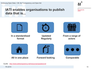 FS 2015
Vorlesung Open Data > 08: Aid Transparency und Open Aid
10
IATI enables organisations to publish
data that is...
Quelle: http://www.aidtransparency.net/resources/speakers-kit
In a standardised
format
Updated
Regularly
From a range of
actors
All in one place Forward looking Comparable
 
