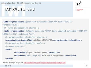 FS 2015
Vorlesung Open Data > 08: Aid Transparency und Open Aid
19
IATI XML Standard
Quelle: Example Usage XML http://iatistandard.org/201/organisation-standard/example-xml/
 