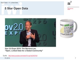 FS 2015
Open Data > 11: Linked Data
7
5 Star Open Data
Quelle: http://www.youtube.com/watch?v=ga1aSJXCFe0
Gov 2.0 Expo 2010: Tim Berners-Lee,
"Open, Linked Data for a Global Community"
 