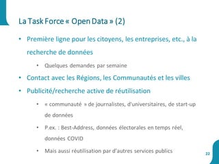 • Première ligne pour les citoyens, les entreprises, etc., à la
recherche de données
• Quelques demandes par semaine
• Contact avec les Régions, les Communautés et les villes
• Publicité/recherche active de réutilisation
• « communauté » de journalistes, d'universitaires, de start-up
de données
• P.ex. : Best-Address, données électorales en temps réel,
données COVID
• Mais aussi réutilisation par d’autres services publics
La Task Force« OpenData» (2)
22
 