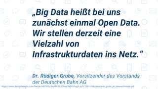 „Big Data heißt bei uns
zunächst einmal Open Data.
Wir stellen derzeit eine
Vielzahl von
Infrastrukturdaten ins Netz.“
Dr. Rüdiger Grube, Vorsitzender des Vorstands
der Deutschen Bahn AG
https://www.deutschebahn.com/file/de/9801892/8ryFFP5BJZRwU7B09XFogSLIqTI/10316768/data/rede_grube_pk_ideenschmiede.pdf
 
