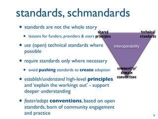 standards, schmandards
• standards are not the whole story shared                                  technical
 •   lessons for funders, providers & users principles                      standards

• use (open) technical standards where                   interoperability
  possible

• require standards only where necessary
 •   avoid pushing standards to create adoption           community/
                                                            domain

• establish/understand high-level principles              conventions

  and ‘explain the workings out’ - support
  deeper understanding

• foster/adopt conventions, based on open
  standards, born of community engagement
  and practice                                                                     6
 