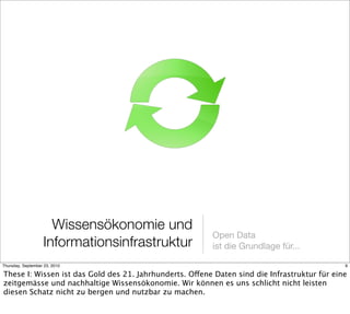 Wissensökonomie und
                                                         Open Data
                   Informationsinfrastruktur             ist die Grundlage für...

Thursday, September 23, 2010                                                                  9

These I: Wissen ist das Gold des 21. Jahrhunderts. Offene Daten sind die Infrastruktur für eine
zeitgemässe und nachhaltige Wissensökonomie. Wir können es uns schlicht nicht leisten
diesen Schatz nicht zu bergen und nutzbar zu machen.
 