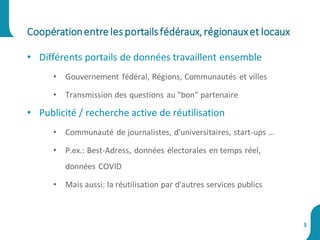 • Différents portails de données travaillent ensemble
• Gouvernement fédéral, Régions, Communautés et villes
• Transmission des questions au "bon" partenaire
• Publicité / recherche active de réutilisation
• Communauté de journalistes, d'universitaires, start-ups …
• P.ex.: Best-Adress, données électorales en temps réel,
données COVID
• Mais aussi: la réutilisation par d'autres services publics
Coopérationentrelesportailsfédéraux,régionauxet locaux
5
 