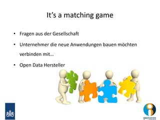 It’s a matching game 
• Fragen aus der Gesellschaft 
• Unternehmer die neue Anwendungen bauen möchten 
verbinden mit… 
• Open Data Hersteller 
 
