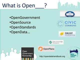 What is Open___?
  •OpenGovernment
  •OpenSource
  •OpenStandards
  •OpenData…




                http://opendatahandbook.org
 